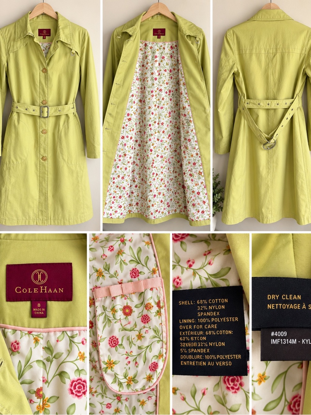 Cole Haan Chartreuse Green Belted Trench Coat Floral Lining Sz 8
